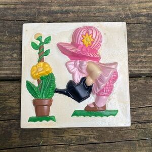 1977 3D Handmade Plaster Wall Art - Girl Watering Flower Pot! (see description!)
